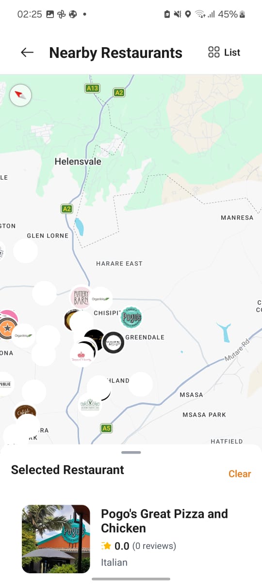 Outly’s nearby restaurant map showing places around Harare